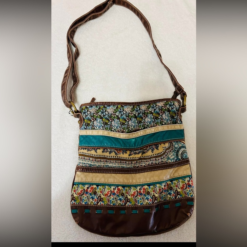 Leather & Patchwork, Crossbody Purse, Brown, Green, Beige